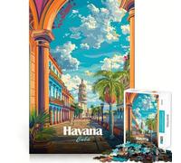 Puzzle de 1000 pièces pour Adolescents Illustration colorée de la Ville de La Havane,Cuba Découpe Parfaite Jeu de logique Amusant et paisible Idéal pour Un Anniversaire (38x52cm)