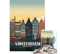 Puzzle de 1000 pièces pour Adolescents Illustration de la Ville d'Amsterdam Pays-Bas pour Jeu éducatif Cadeau d'anniversaire ou Divertissement en Famille (Taille 38x26cm)
