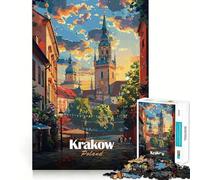 Puzzle de 1000 pièces pour Adolescents Illustration de Paysage Urbain de Cracovie,Pologne Design Finement découpé Jeu de réflexion Cadeau Relaxant et Amusant pour Un Anniversaire (38x52cm)