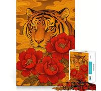 Puzzle de 1000 pièces pour Adolescents, Illustration de Tigre et de pivoines Rouges Renforce la mémoire, Simple et Amusant, de qualité supérieure, Un Cadeau mémorable 38x26cm