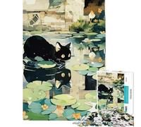 Puzzle de 1000 pièces pour Adolescents Illustration d'un Chat Noir dans Un étang aux nénuphars Décoration Murale Jouet Art Mural Cadeau d'anniversaire et Cadeau Unique (38x26cm)