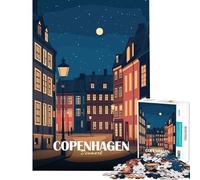 Puzzle de 1000 pièces pour Adolescents Illustration d'un Paysage Urbain Nocturne de Copenhague Danemark Défi intellectuel Jouet addictif Jeu Amusant Améliore la mémoire Cadeau Artistique (38x26cm)