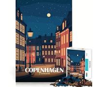 Puzzle de 1000 pièces pour adolescents Illustration d'un paysage urbain nocturne de Copenhague,Danemark Design finement découpé Jeu de réflexion Cadeau relaxant et amusant pour un anniversaire 38x26cm