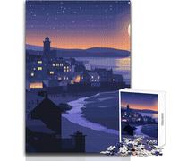 Puzzle de 1000 pièces pour Adolescents,Illustration d'un Village côtier Nocturne,idéal pour des Moments de détente en Famille,des soirées Jeux et des idées Cadeaux pour développer l'analyse