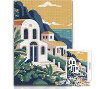 Puzzle de 1000 pièces pour Adolescents - Illustration d'une Villa côtière inspirée de Santorin - Jeu Difficile et Artistique - Format : 38x26cm