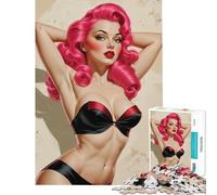 Puzzle de 1000 pièces pour Adolescents Illustration pin-up Sexy aux Cheveux Roses Jeu Relaxant Jouet Jeu intellectuel Cadeau d'anniversaire Une œuvre d'art (Taille 38x52cm)