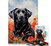 Puzzle de 1000 pièces pour Adolescents Labrador Noir Parmi Les Coquelicots,découpe précise,Jeu Stimulant,Moment de détente,activité créative de Noël (38x52cm)
