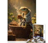 Puzzle de 1000 pièces pour Adolescents Lézard en Peignoir Buvant du thé dans Un Spa Jeu de réflexion Passe-Temps Jouet éducatif renforce Les Liens Amoureux (52x38cm)