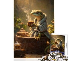 Puzzle de 1000 pièces pour Adolescents Lézard en Peignoir prenant Le thé dans Un Spa Jeux Amusants découpe de précision décoration intérieure Jouet pour renforcer Les Liens Amoureux (50x75cm)