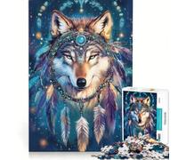 Puzzle de 1000 pièces pour Adolescents Loup avec Coiffe Attrape-rêves Jeux éducatifs Analyse et logique Cadeau d'anniversaire 38x26cm