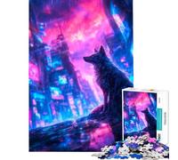 Puzzle de 1000 pièces pour Adolescents Loup dans Un Paysage Urbain Cyberpunk néon défi Difficile à relever Jouet à Monter soi-même à partir de 14 Ans (38x26cm)