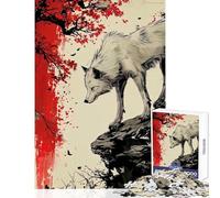 Puzzle de 1000 pièces pour Adolescents Loup sur Une Falaise au Feuillage Rouge Jeu à Monter soi-même idéal pour Les Adolescents Cadeau et activité Manuelle Amusante à Faire à la Maison 38x26 cm