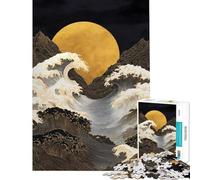 Puzzle de 1000 pièces pour Adolescents Lune dorée sur Les Vagues de l'océan Puzzle Artistique pour Adultes Jeux relaxants pour améliorer la mémoire Idéal comme Cadeau pour Toute la Famille (38x26cm)