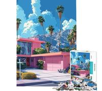 Puzzle de 1000 pièces pour Adolescents Maison Rose Style Palm Springs activités Amusantes à la Maison Jeu Manuel Stimulant pour Les 14 Ans et Plus (38x52cm)