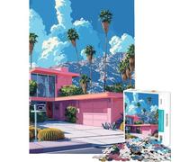 Puzzle de 1000 pièces pour Adolescents Maison Rose Style Palm Springs décoration Murale pour Anniversaire ou Noël Jeu de réflexion pour Les 14 Ans et Plus (50x75cm)