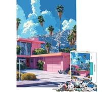 Puzzle de 1000 pièces pour Adolescents Maison Rose Style Palm Springs Difficile et Stimulant activité familiale Jouet de décoration pour la Maison à partir de 14 Ans Jeu de Puzzle proposé (38x26cm)