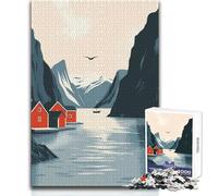 Puzzle de 1000 pièces pour Adolescents - Maisons Rouges au Bord du Fjord - Un Jeu Stimulant et Amusant, Une véritable œuvre d'art à Offrir - Dimensions : 38x26cm