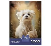 Puzzle De 1000 Pièces pour Adolescents Maltese Dog Puppy with Flowers Puzzles pour Adolescents - Jeu Manuel - Une Œuvre d'art - Cadeaux Uniques pour Un Anniversaire Ou Noël 38x26cm/1000pcs