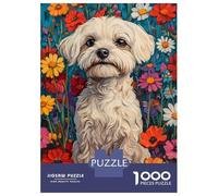 Puzzle De 1000 Pièces pour Adolescents Maltese in Wildflower Meadow Dog Wall Art Print White Dog in Flower Field Puzzle pour Adultes Jeu Familial Décoration Intérieure Cadeaux Uniques d'anniversaire