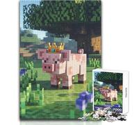 Puzzle de 1000 pièces pour Adolescents - Minecraft Cochon avec Couronne dans la Prairie - Design Magnifique - Jeu Difficile et Artistique - Cadeau - Dimensions : 50x75cm