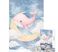 Puzzle de 1000 pièces pour Adolescents Motif Baleine Rose sur la Lune Aquarelle Jouet éducatif Cadeau d'anniversaire Jeux Amusants avec Poster et fiche de Questions Assortis Dimensions 38x52cm