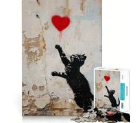 Puzzle de 1000 pièces pour Adolescents,Motif Chat et cœur,inspiré de Banksy,aux Bords épurés,Jeu de réflexion,Jouet d'éveil,Jeu d'inactivité,Cadeau de Noël (38x26cm)