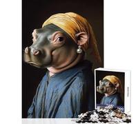 Puzzle de 1000 pièces pour Adolescents Motif Hippopotame et Fille à la Boucle d'oreille en Perle Décoration Jouet Cadeau Amusant et éducatif Jeu pour s'amuser à la Maison Dimensions 50x75cm