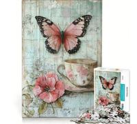 Puzzle de 1000 pièces pour Adolescents Motif Papillon et Tasse à thé Vintage Jeu Impossible décoration intérieure Collection d'artistes Beaux-Arts 38x52cm