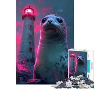 Puzzle de 1000 pièces pour Adolescents Motif Phoque et Phare néon pour des activités Amusantes à la Maison et en Famille Jouet Anti-Stress adapté aux 14 Ans et Plus (38x26cm)