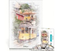 Puzzle de 1000 pièces pour Adolescents Motif Tramway de Lisbonne à l'aquarelle Jeu éducatif décoration Murale Cadeau Original pour Un Anniversaire ou Noël 38x52cm