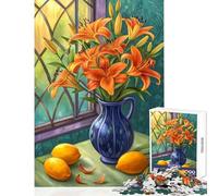 Puzzle de 1000 pièces pour Adolescents Nature Morte Florale Lys Orange et Citrons Décoration intérieure Jeu éducatif Cadeau d'anniversaire Renforce l'amour Entre Couples Dimensions 38x52cm