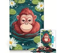 Puzzle de 1000 pièces pour Adolescents Orang-outan de Dessin animé dans Un Bassin de nénuphars Jeu de Concentration Amusant et précis Décoration Murale de Noël (50x75cm)