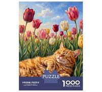 Puzzle De 1000 Pièces pour Adolescents Orange Cat Sleeping in Tulips Puzzles pour Adultes Anti-Stress Stimulant À Compléter Cadeaux d'anniversaire Et Cadeaux Uniques 70x50cm/1000pcs