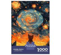 Puzzle De 1000 Pièces pour Adolescents Orange Cat Starry Night Casse-tête pour Adolescents - Jeu Difficile Et Stimulant - Cadeau 38x26cm/1000pcs