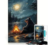 Puzzle de 1000 pièces pour adolescents, ours près du feu de camp sous le ciel étoilé, coupe lisse, jeu de réflexion, cadeau de détente, période de Noël, art des loisirs (50 x 75 cm)