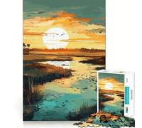 Puzzle de 1000 pièces pour Adolescents Paysage Calme au Coucher du Soleil sur Les Marais Découpe Fine Jeu d'entraînement à la Concentration et Divertissement Cadeau de Noël Amusant (38x26cm)