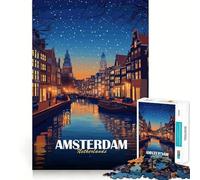 Puzzle de 1000 pièces pour Adolescents Paysage Urbain Nocturne d'Amsterdam,Pays-Bas Illustration aux Bords précis Jeu d'entraînement cérébral Activité ludique Décoration de Noël (50x75cm)