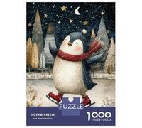 Puzzle De 1000 Pièces pour Adolescents Penguin Ice Skating Winter Scene Jeu De Réflexion Amusant Et Humoristique, Cadeau Unique pour Un Anniversaire Ou Noël 52x38cm/1000pcs