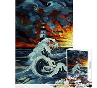 Puzzle de 1000 pièces pour Adolescents Phare en mer déchaînée Décoration intérieure Jeu éducatif pour Femmes et Hommes Renforce l'amour au Sein du Couple Dimensions 38x52cm