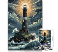 Puzzle de 1000 pièces pour Adolescents:Phare sur côte rocheuse avec Vagues, Jeu d'intérieur apaisant et Relaxant, découpe de précision avancée, Dimensions:38x52cm
