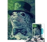 Puzzle de 1000 pièces pour Adolescents Phoque coiffé d'un trèfle Jeu éducatif et Stimulant à compléter décoration Murale à partir de 14 Ans (50x75cm)