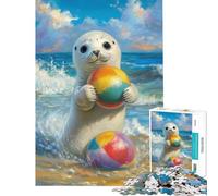 Puzzle de 1000 pièces pour Adolescents Phoque Jouant avec des Ballons de Plage Jeu Relaxant Jouet addictif pour cultiver la Patience œuvre d'art à Offrir décoration Murale (Taille 38x26cm)