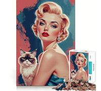 Puzzle de 1000 pièces pour Adolescents Pin-up Blonde avec Portrait de Chat,Assemblage Lisse,Jeu de réflexion Amusant,Cadeau Relaxant,activité de Loisirs pour Noël (50x75cm)