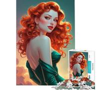 Puzzle de 1000 pièces pour Adolescents pin-up rousse en Robe Verte Jeux relaxants Apprentissage Jouets éducatifs Cadeaux de Noël Secret découpe de précision (Taille 38x52cm)