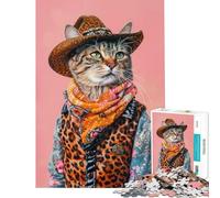 Puzzle de 1000 pièces pour Adolescents Portrait de Chat Cowboy Impression d'art Animalier défi intellectuel Jouet addictif Jeu Familial Anti-Stress Cadeau Amusant (Taille 50x75cm)
