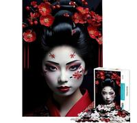 Puzzle de 1000 pièces pour Adolescents Portrait de Geisha avec Accents Floraux Rouges Jeu éducatif et intellectuel Une œuvre d'art (Dimensions 38x52cm)