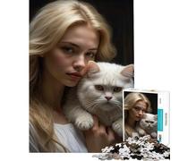 Puzzle de 1000 pièces pour Adolescents Portrait d'une Fille et de Son Chat Jeu éducatif et intellectuel Une œuvre d'art (Dimensions 38x26cm)