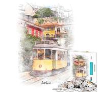 Puzzle de 1000 pièces pour Adolescents Puzzle Aquarelle du Tramway de Lisbonne pour Adultes Jeux en Famille améliore la mémoire Cadeau d'anniversaire Unique (Taille 38x52cm)