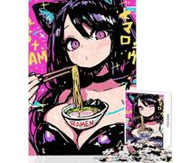 Puzzle de 1000 pièces pour Adolescents Puzzle de 1000 pièces représentant Une Fille de BD/Anime Mangeant des Ramen Jeu de réflexion Amusant et Humoristique pour Femmes et Hommes (50x75cm)