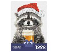 Puzzle De 1000 Pièces pour Adolescents Raccoon in Santa Hat with Beer Puzzle pour Adultes Jouets Anti-Stress Cadeau d'anniversaire Cadeaux De Noël 52x38cm/1000pcs